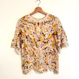 Anthropologie x Solitaire Floral Embroidered Scalloped Trim Blouse Medium